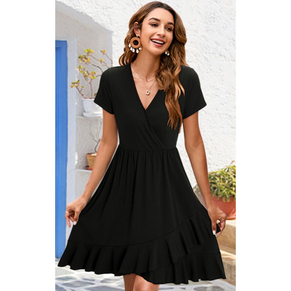 UltraNice Black Wrap V Neck Adjustable Spaghetti Casual Ruffle Dress Sz M